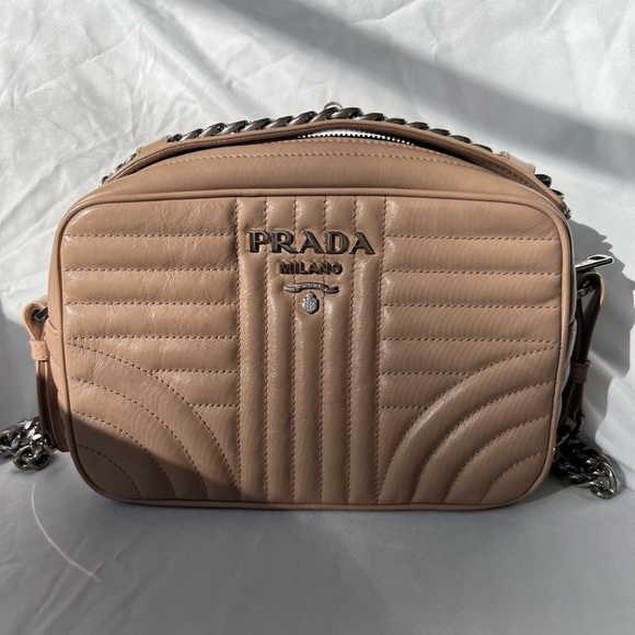 Prada Bags Prada Diagramme Leather Crossbody Bag Pink Beige Camera